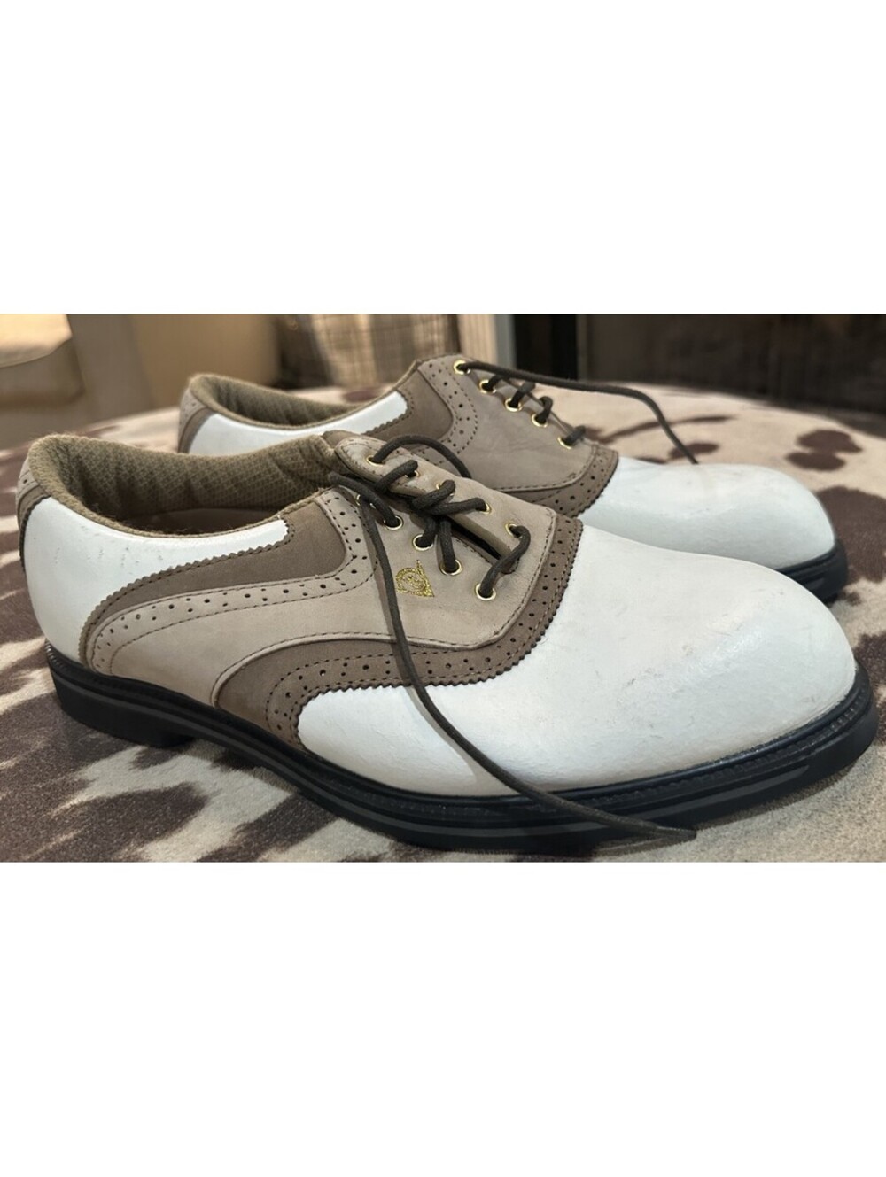 Dunlop Mens 9.5 Leather Golf Shoes White Brown Wingtip Saddle Soft Spike